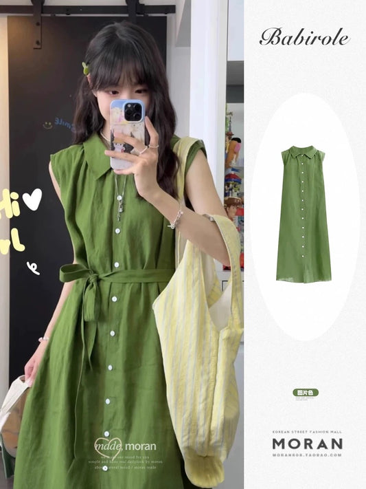 Retro literary green shirt sleeveless dress for women simple casual summer comfortable and relaxed atmosphere long skirt