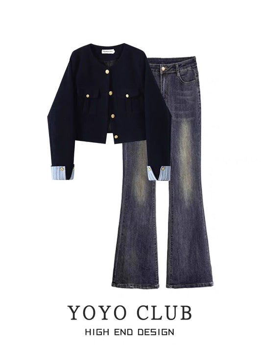 YOYO CLUB Autumn and Winter Suit High-end Small Fragrant Style Woolen Jacket Slimming Slightly Flared Jeans Two-piece Set