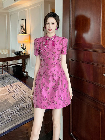 Improved cheongsam 2024 new summer young style French retro rose red small fragrance style short floral dress