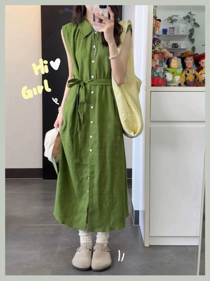 Retro literary green shirt sleeveless dress for women simple casual summer comfortable and relaxed atmosphere long skirt
