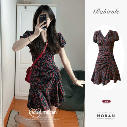 Korean style black floral dress fishtail irregular women's summer French v-neck short sleeves drawstring skirt puff sleeves