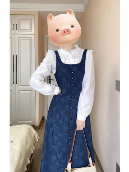 French retro early autumn outfit: a complete set of gentle and elegant two-piece women's shirt and embroidered suspender dress.