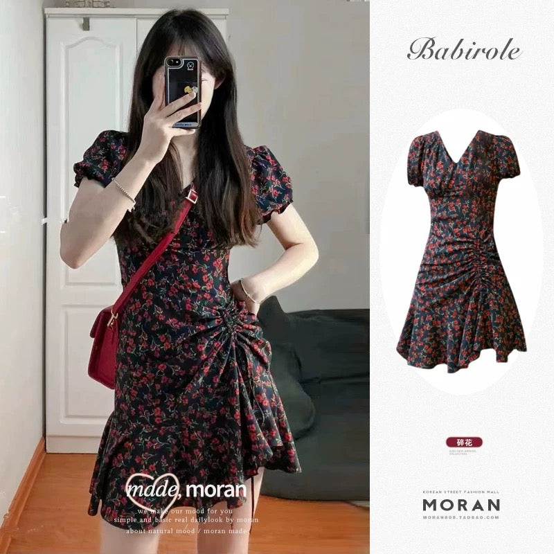 Korean style black floral dress fishtail irregular women's summer French v-neck short sleeves drawstring skirt puff sleeves