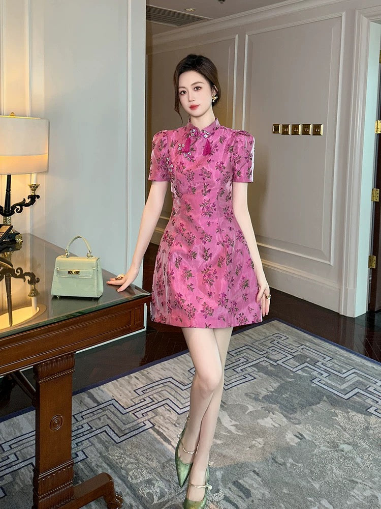 Improved cheongsam 2024 new summer young style French retro rose red small fragrance style short floral dress