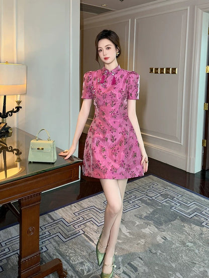 Improved cheongsam 2024 new summer young style French retro rose red small fragrance style short floral dress