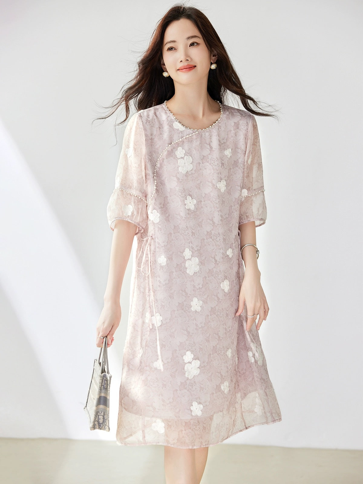 Pink beaded new Chinese style dress for women summer 2024 new European style loose large size temperament slim a-line skirt
