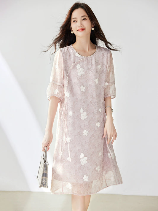 Pink beaded new Chinese style dress for women summer 2024 new European style loose large size temperament slim a-line skirt