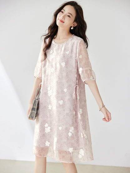 Pink beaded new Chinese style dress for women summer 2024 new European style loose large size temperament slim a-line skirt