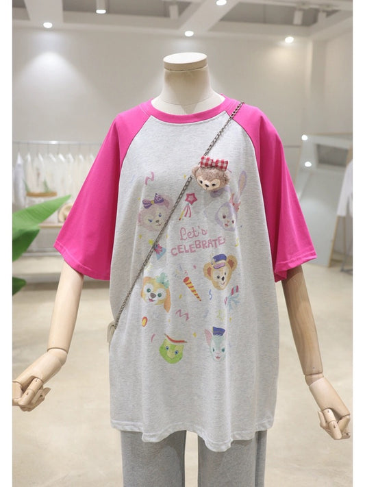 Raglan sleeves three-dimensional bear pendant print 2024 spring and summer loose and slim mid-length pure cotton short-sleeved T-shirt for women