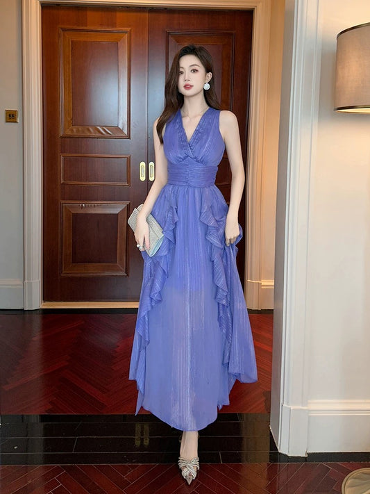 Seaside resort chiffon dress summer women's sleeveless niche design high-end light luxury v-neck temperament dress skirt