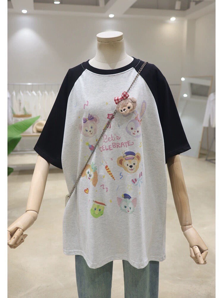 Raglan sleeves three-dimensional bear pendant print 2024 spring and summer loose and slim mid-length pure cotton short-sleeved T-shirt for women