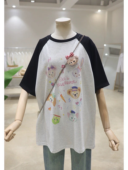 Raglan sleeves three-dimensional bear pendant print 2024 spring and summer loose and slim mid-length pure cotton short-sleeved T-shirt for women