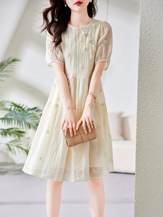 Tencel short-sleeved dress for women summer 2024 new European style loose high-end temperament slim niche a-line skirt