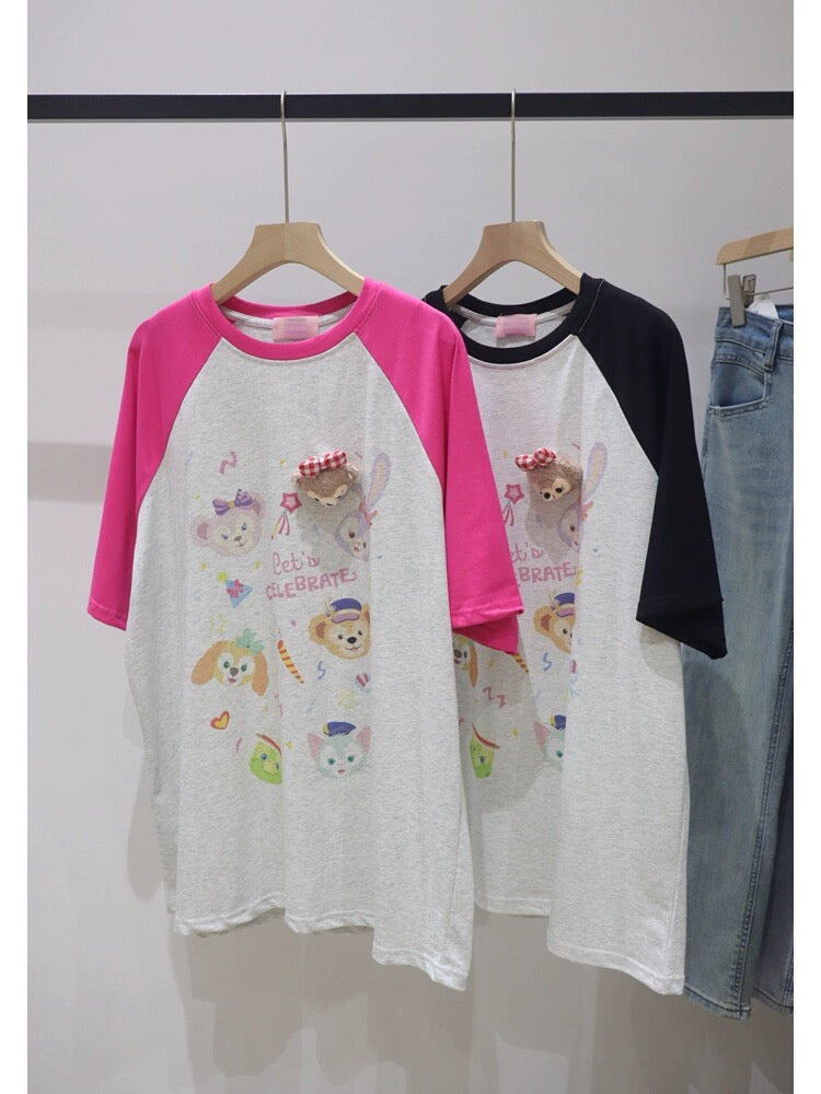 Raglan sleeves three-dimensional bear pendant print 2024 spring and summer loose and slim mid-length pure cotton short-sleeved T-shirt for women