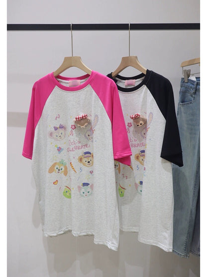 Raglan sleeves three-dimensional bear pendant print 2024 spring and summer loose and slim mid-length pure cotton short-sleeved T-shirt for women