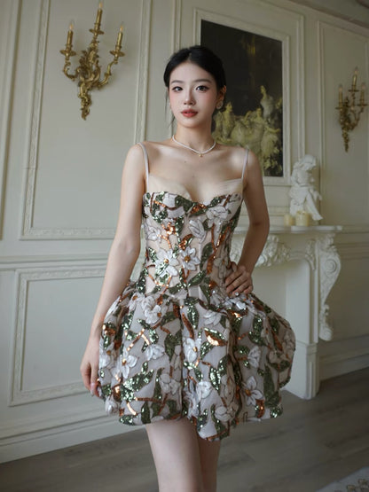 DANA French-Style Floral Sequin Strapless Mini Dress – A Fitted, Flared Princess-Style Cocktail Dress for Birthdays, Parties, and Evening Events