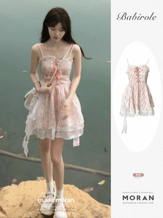 Dopamine sweet style suspender floral dress petite romantic retro outfit runaway princess dress slim summer
