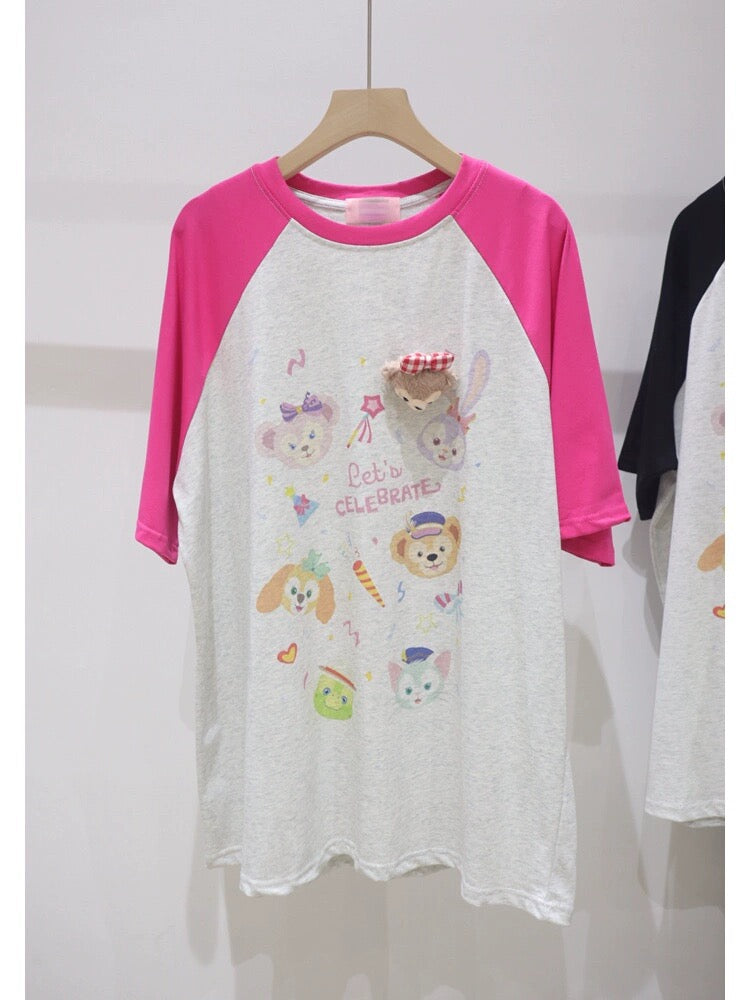 Raglan sleeves three-dimensional bear pendant print 2024 spring and summer loose and slim mid-length pure cotton short-sleeved T-shirt for women