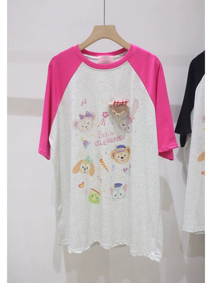 Raglan sleeves three-dimensional bear pendant print 2024 spring and summer loose and slim mid-length pure cotton short-sleeved T-shirt for women