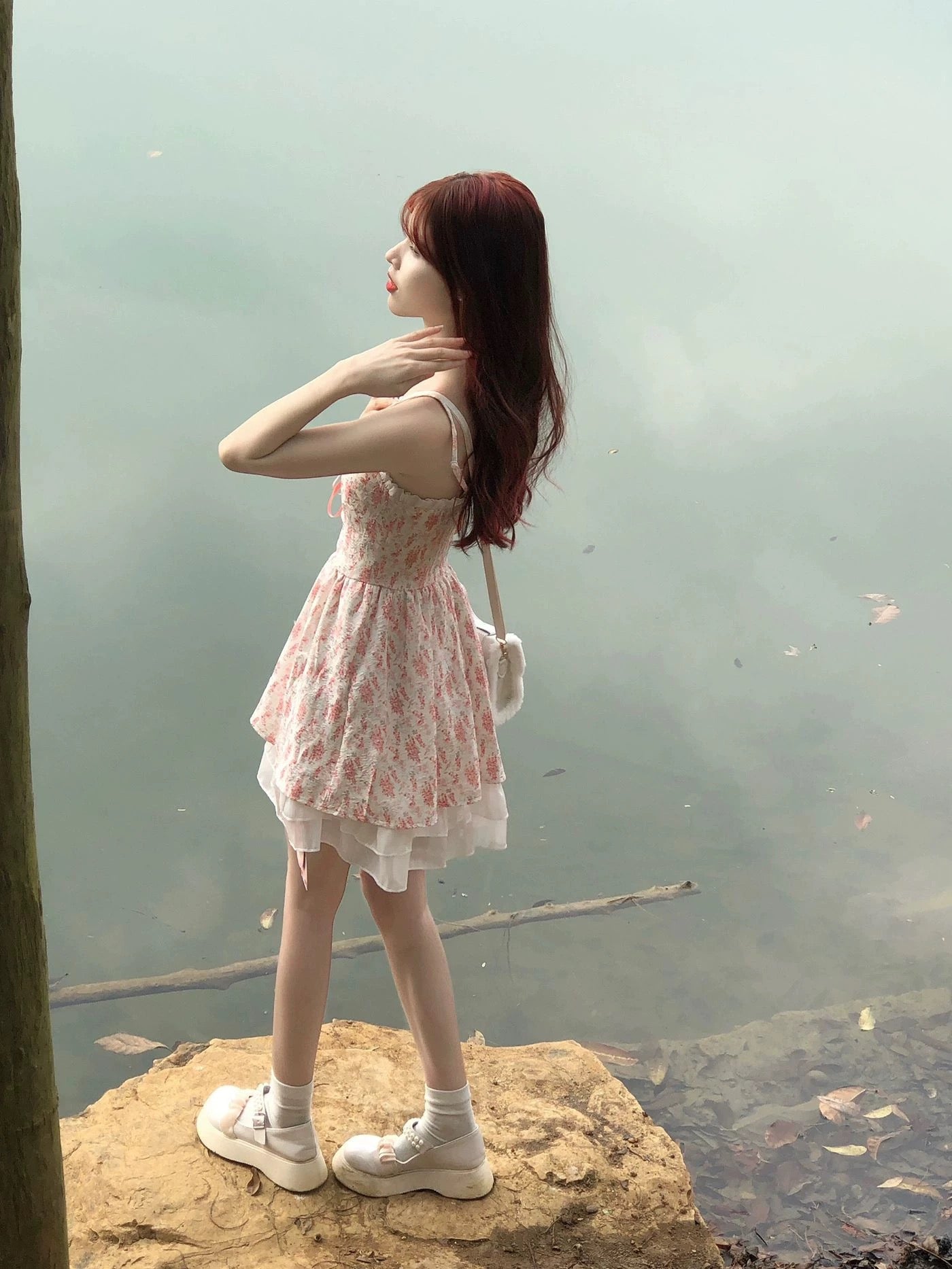 Dopamine sweet style suspender floral dress petite romantic retro outfit runaway princess dress slim summer