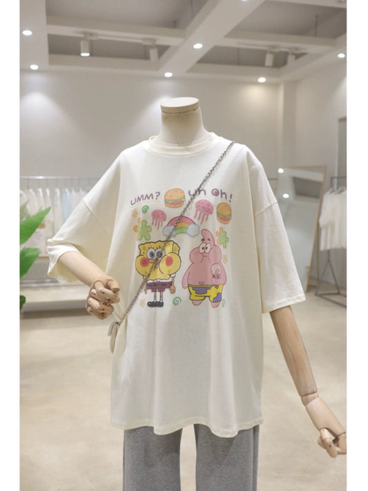 Age-reducing cartoon Spongebob printed t2023 summer new loose and slim cotton short-sleeved T-shirt for women, versatile