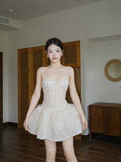 DANA Heavy-Embellishment Sequin and Bead-Studded Spaghetti-Strap Flared Dress – A Slim-Fit, Waist-Defining Cocktail Dress Perfect for Dates or Birthdays
