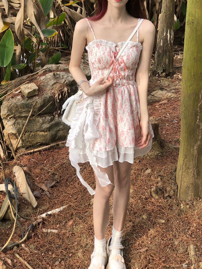 Dopamine sweet style suspender floral dress petite romantic retro outfit runaway princess dress slim summer