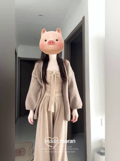 Korean-style alluring three-piece set: sweater, cardigan, knitted cardigan, relaxed and sophisticated strapless top, casual pants.