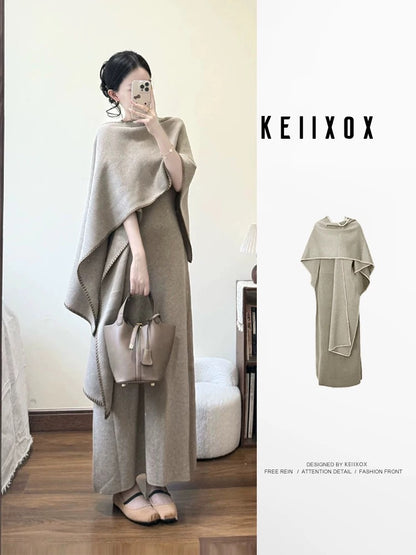 French retro shawl dress for women, autumn 2025, gentle and elegant, perfect for a wealthy heiress. A long, fitted dress with a flattering silhouette.