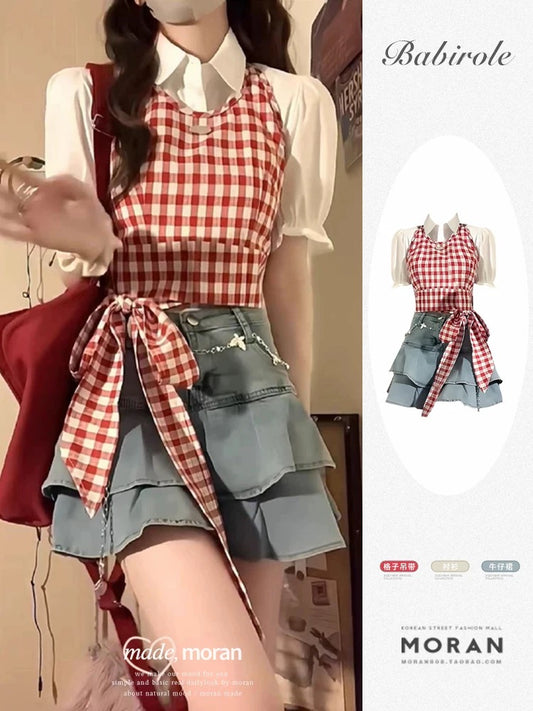 Sweet hot girl red plaid shirt top two-piece suit camisole denim pleated skirt petite summer outfit