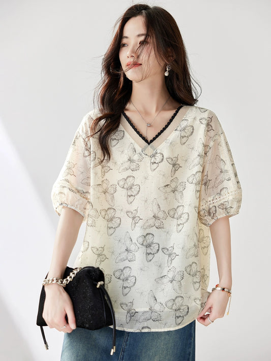 V-neck Tencel shirt for women summer 2024 new European style loose large size chic small shirt foreign style casual slim top
