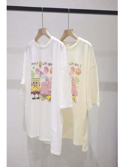 Age-reducing cartoon Spongebob printed t2023 summer new loose and slim cotton short-sleeved T-shirt for women, versatile