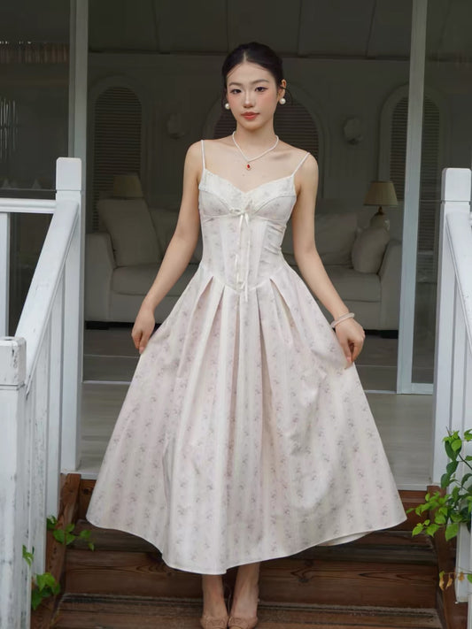 DANA French-style floral camisole dress, a flowy, mid-length, princess-inspired gown—perfect for birthdays or an elegant, feminine look.