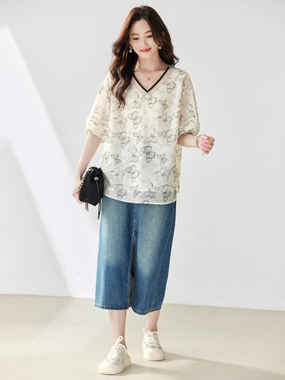 V-neck Tencel shirt for women summer 2024 new European style loose large size chic small shirt foreign style casual slim top