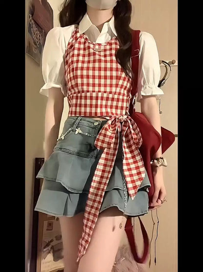 Sweet hot girl red plaid shirt top two-piece suit camisole denim pleated skirt petite summer outfit