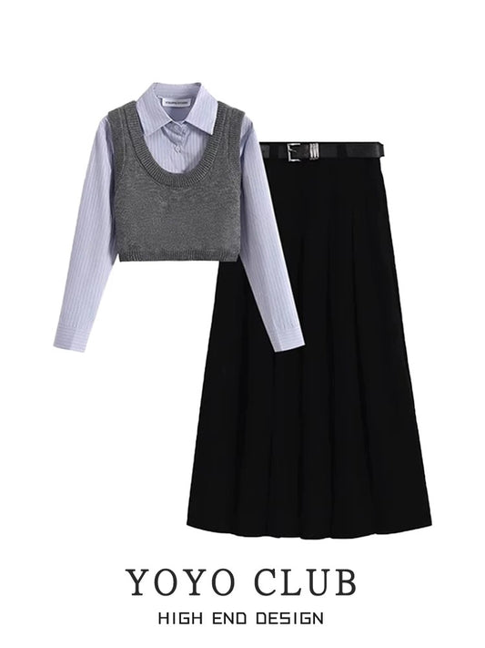 YOYO CLUB early autumn wear a complete set of polo shirt knitted camisole pleated skirt suit
