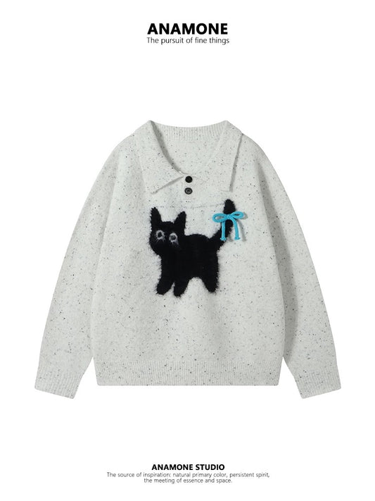 ANAMONE gray retro cute cat polo sweater women's autumn and winter loose versatile design niche