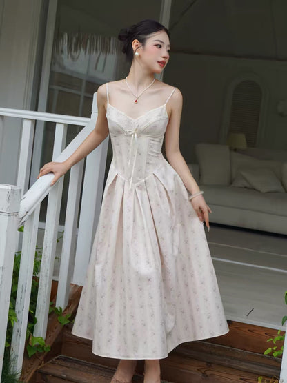 DANA French-style floral camisole dress, a flowy, mid-length, princess-inspired gown—perfect for birthdays or an elegant, feminine look.