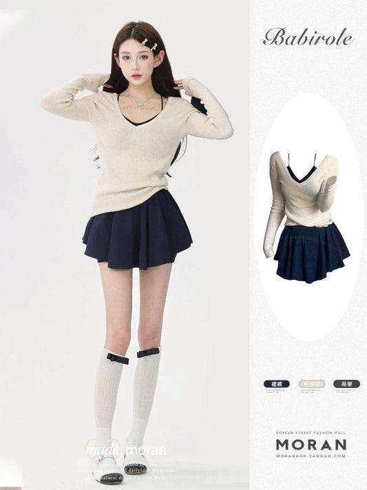Ballet style girl outfit pure lust style two-piece suit skirt spring and summer v-neck sweater top women suspenders petite