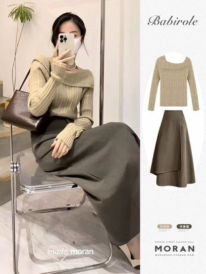 Salt-style mature and sophisticated two-piece outfit: off-the-shoulder knit top and A-line skirt, Korean drama style women's early autumn set.