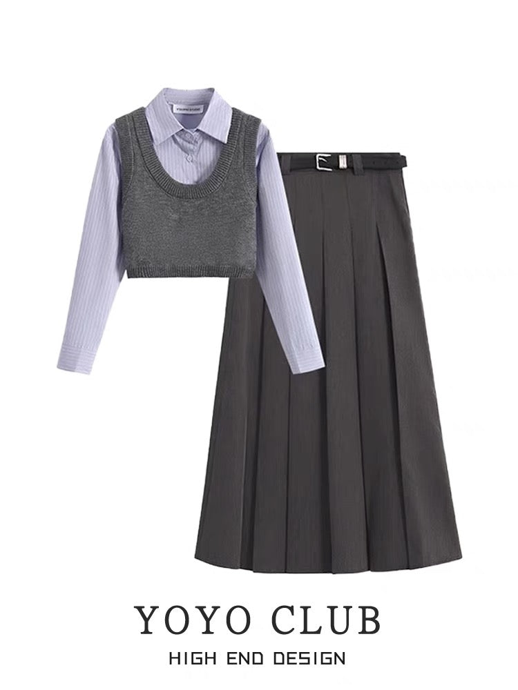 YOYO CLUB early autumn wear a complete set of polo shirt knitted camisole pleated skirt suit