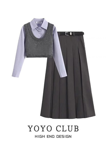 YOYO CLUB early autumn wear a complete set of polo shirt knitted camisole pleated skirt suit