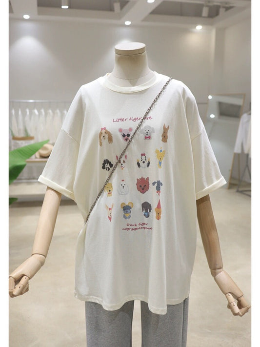 Comfortable age-reducing cute puppy print 2024 spring and summer loose and slim round neck pure cotton short-sleeved T-shirt for women