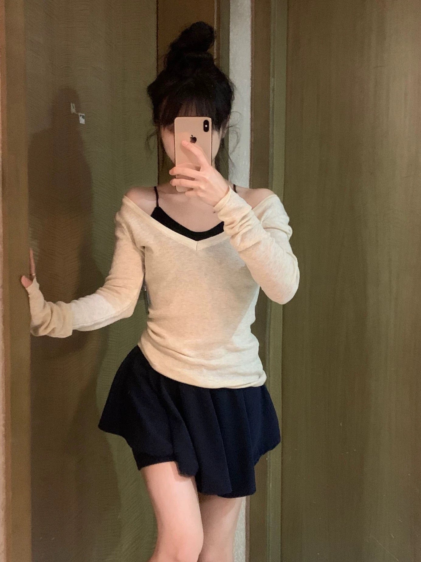 Ballet style girl outfit pure lust style two-piece suit skirt spring and summer v-neck sweater top women suspenders petite