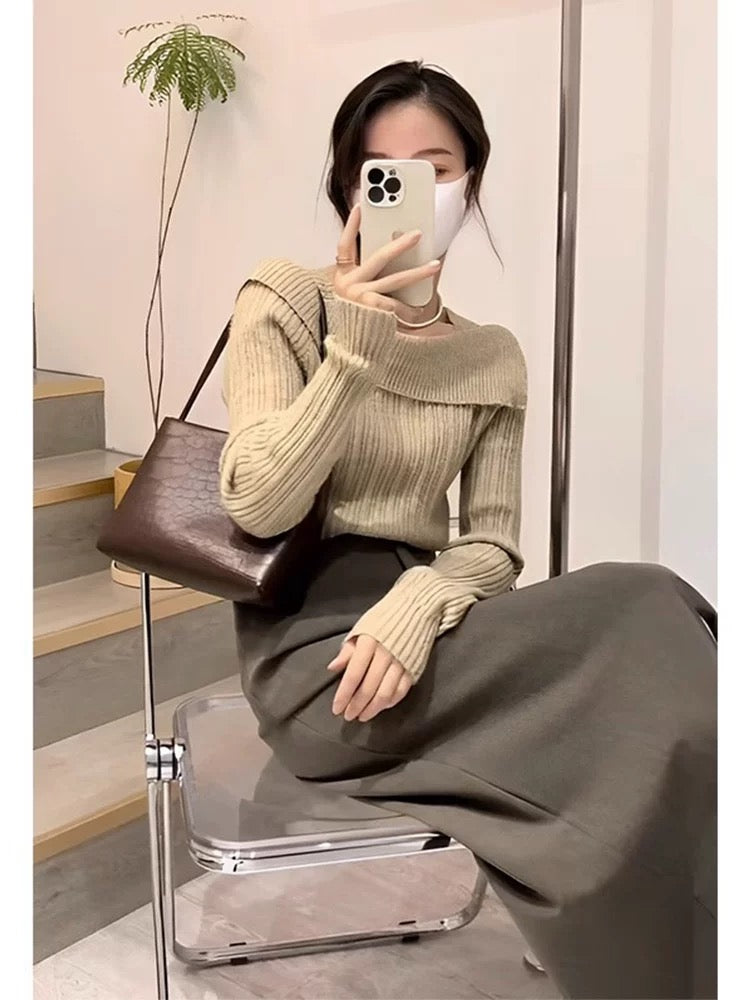 Salt-style mature and sophisticated two-piece outfit: off-the-shoulder knit top and A-line skirt, Korean drama style women's early autumn set.