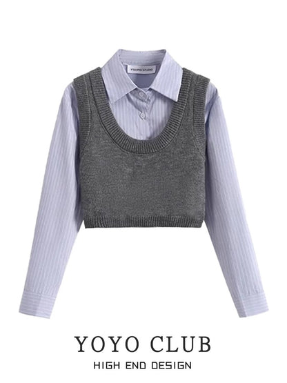 YOYO CLUB early autumn wear a complete set of polo shirt knitted camisole pleated skirt suit