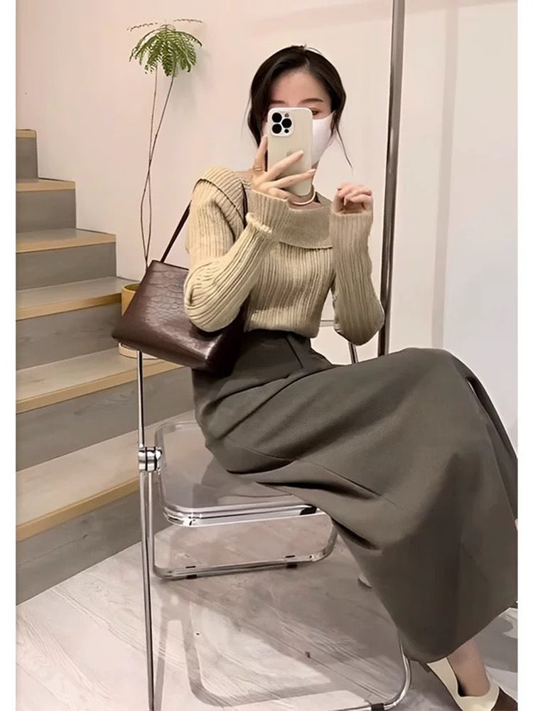Salt-style mature and sophisticated two-piece outfit: off-the-shoulder knit top and A-line skirt, Korean drama style women's early autumn set.