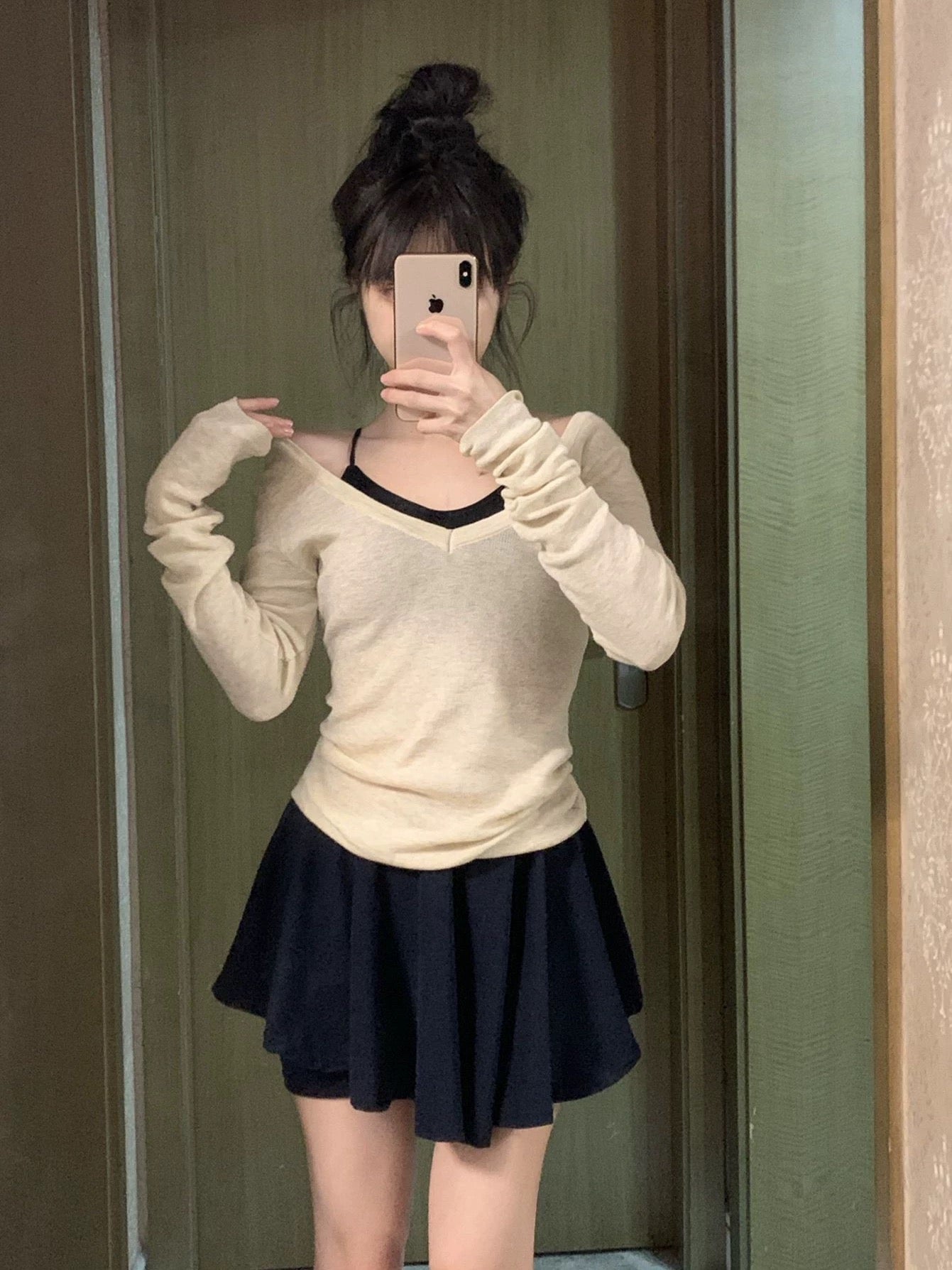 Ballet style girl outfit pure lust style two-piece suit skirt spring and summer v-neck sweater top women suspenders petite