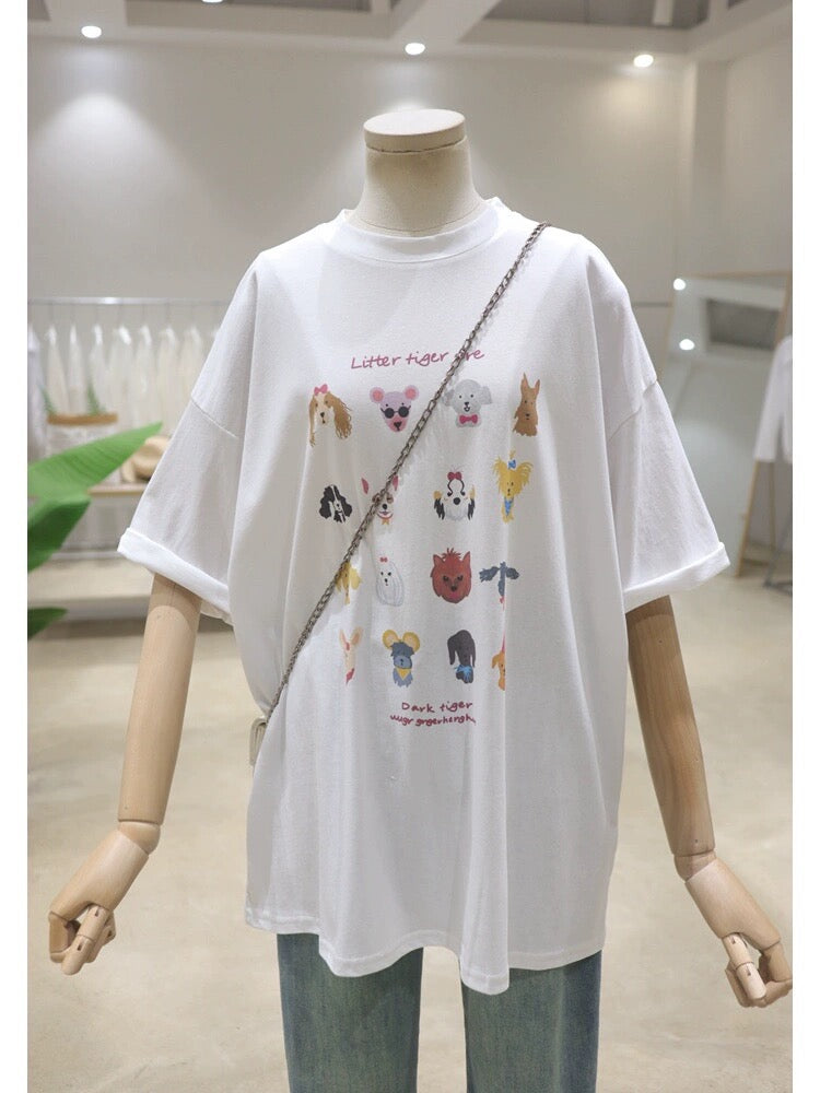 Comfortable age-reducing cute puppy print 2024 spring and summer loose and slim round neck pure cotton short-sleeved T-shirt for women