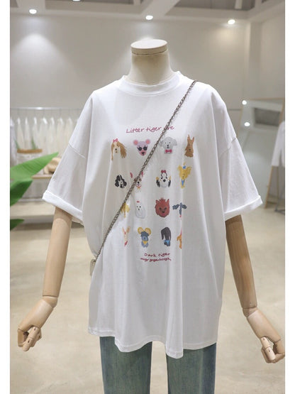 Comfortable age-reducing cute puppy print 2024 spring and summer loose and slim round neck pure cotton short-sleeved T-shirt for women